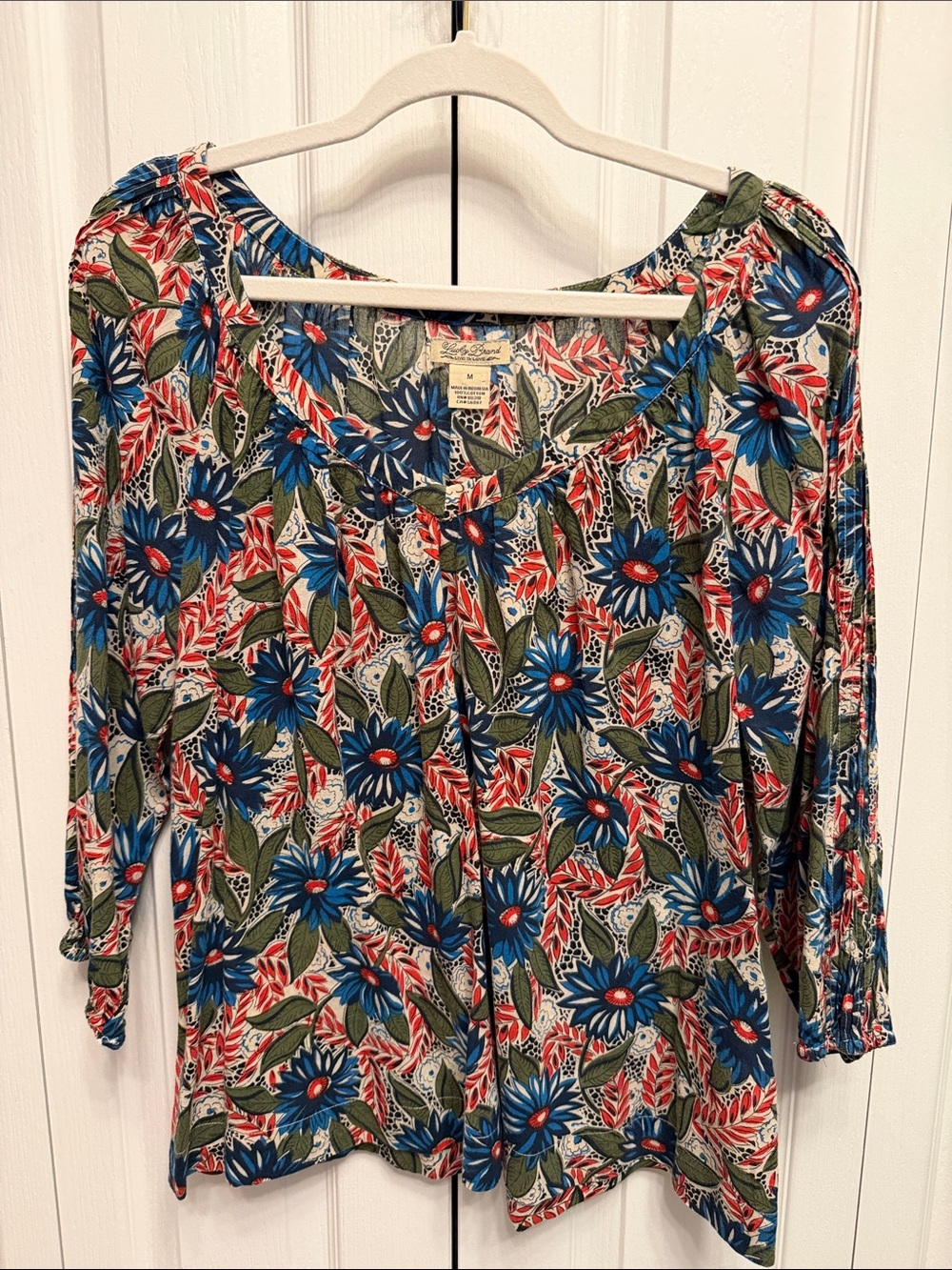 Lucky Brand 100% Cotton Floral Peasant Blouse Blue Red Green Size M